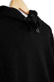 Front close up of men's black organic cotton hoodie drawstring