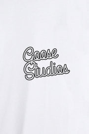 Close up of printed logo on men's organic cotton long sleeve t-shirt in white