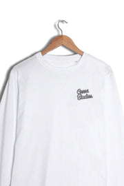 Detail of men's white organic cotton printed long-sleeve t-shirt