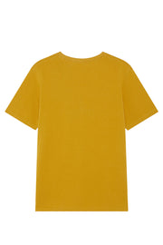 Back of men's organic cotton t-shirt in mustard yellow, with a classic crewneck 