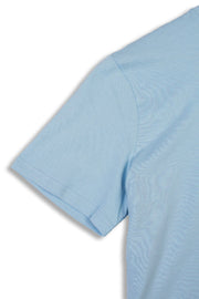 Short sleeve detail on men's organic cotton t-shirt in sky blue.