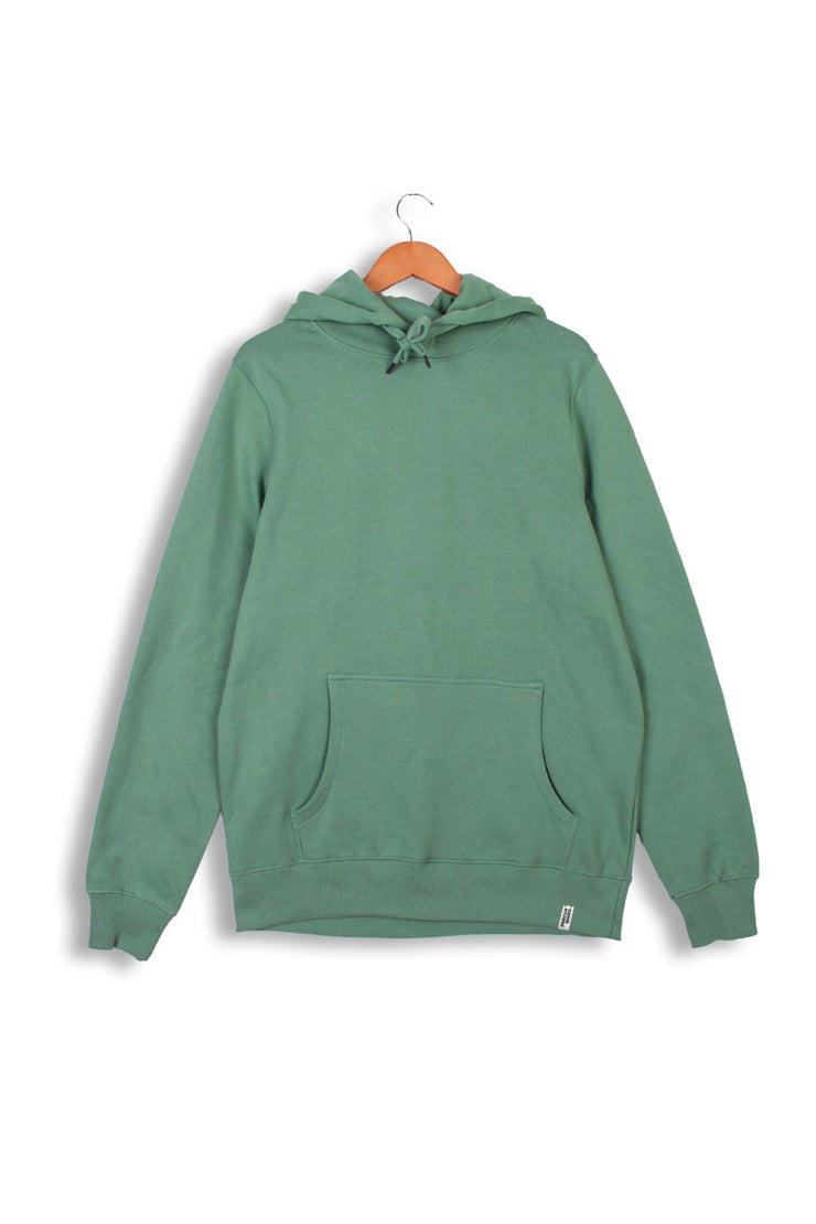 Front of sustainable hoodie in green organic cotton.