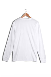 Back of men's printed long sleeve white organic cotton t-shirt