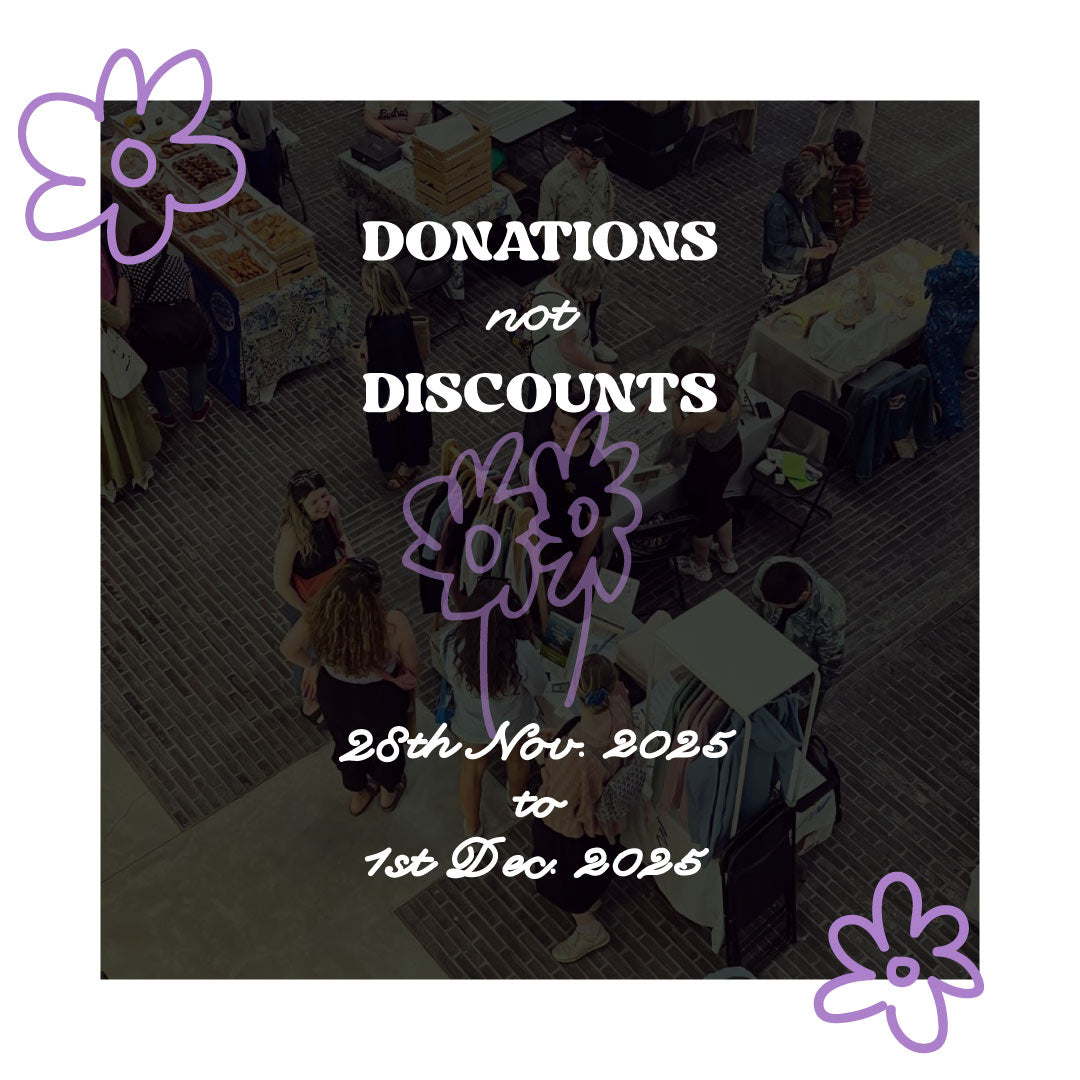 Image showing the text Donations not Discounts with the Goose Studios flower logo behind it