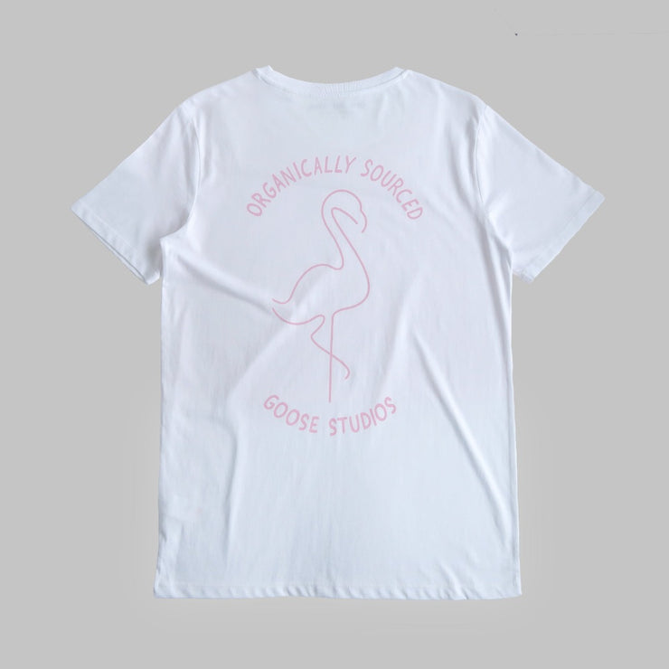 Seconds & Samples - Unisex White Organic Cotton T-Shirt - Flamingo Print