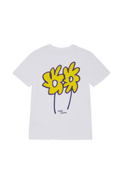 Back of white unisex organic cotton t-shirt featuring a yellow and purple flower graphic, screen printed by hand