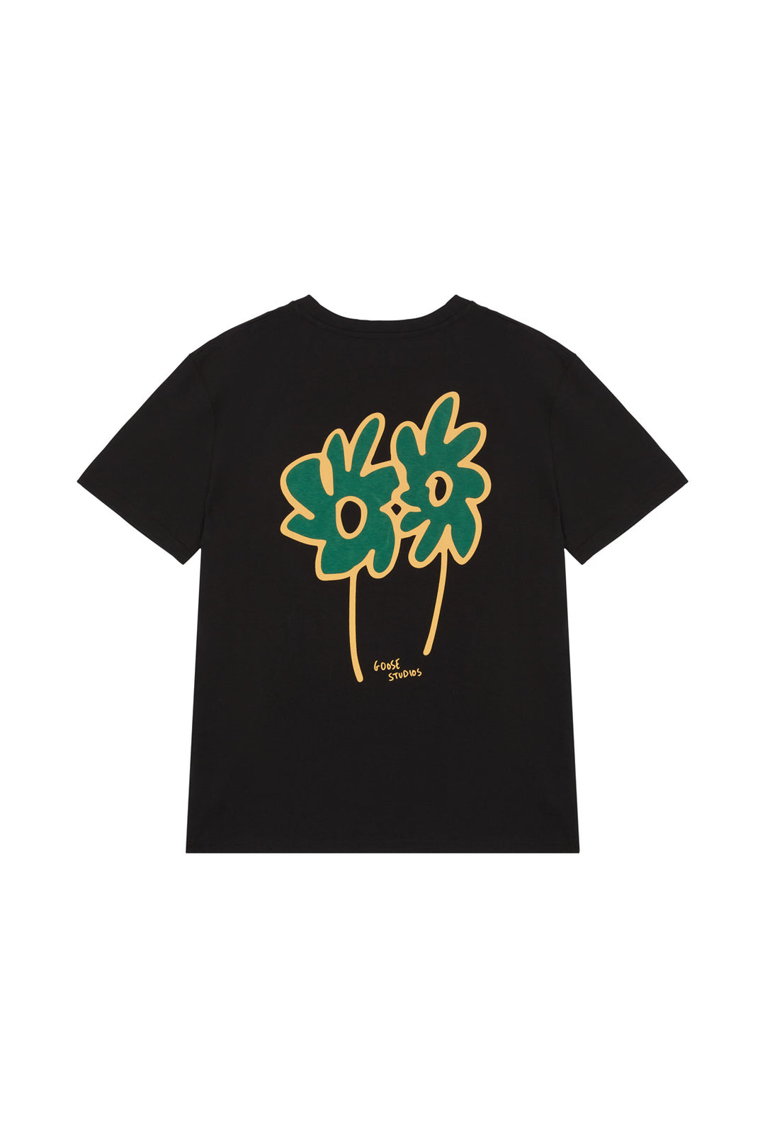 Back of unisex black organic cotton t-shirt with a skate-inspired orange and green print