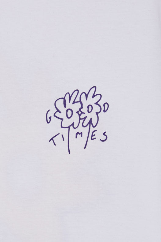 Detail shot of front screen print in purple with flowers and a good times slogan