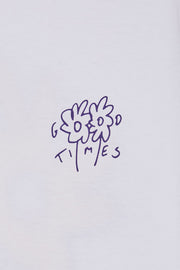 Detail shot of front screen print in purple with flowers and a good times slogan