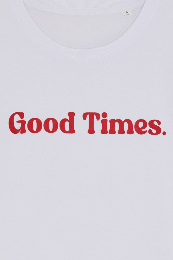 Close up of screen printed Good Times slogan in red, screen printed using water based inks that are more environmentally friendly