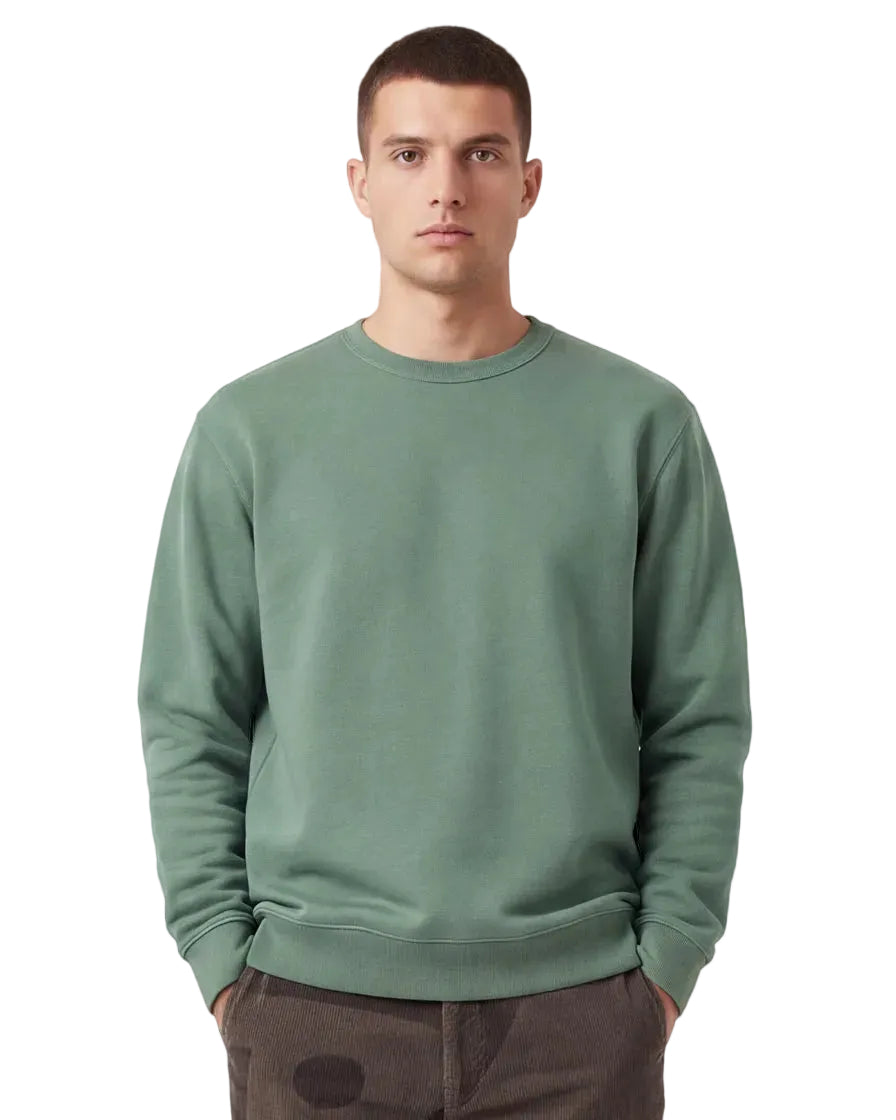 A man wearing a sage green organic cotton crewneck sweatshirt and dark brown pants, standing against a light studio background.