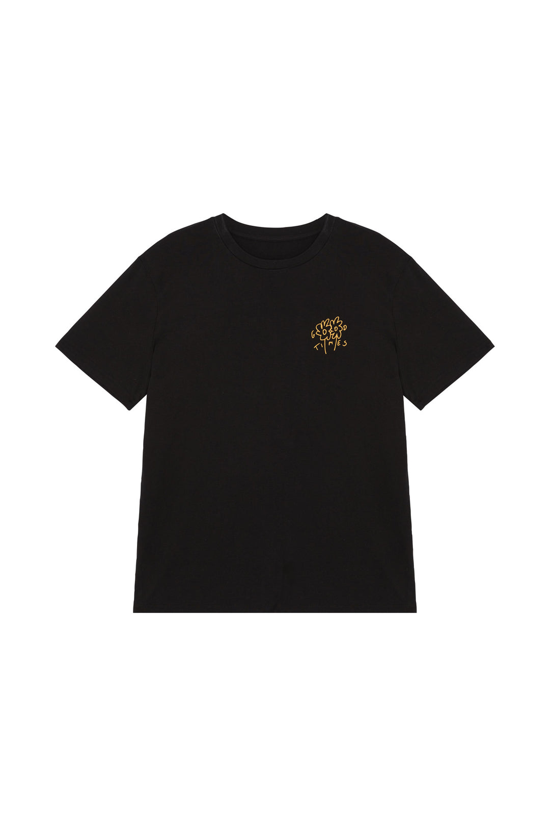 Front of organic cotton black unisex t-shirt featuring orange chest print, screen printed by hand with water based inks