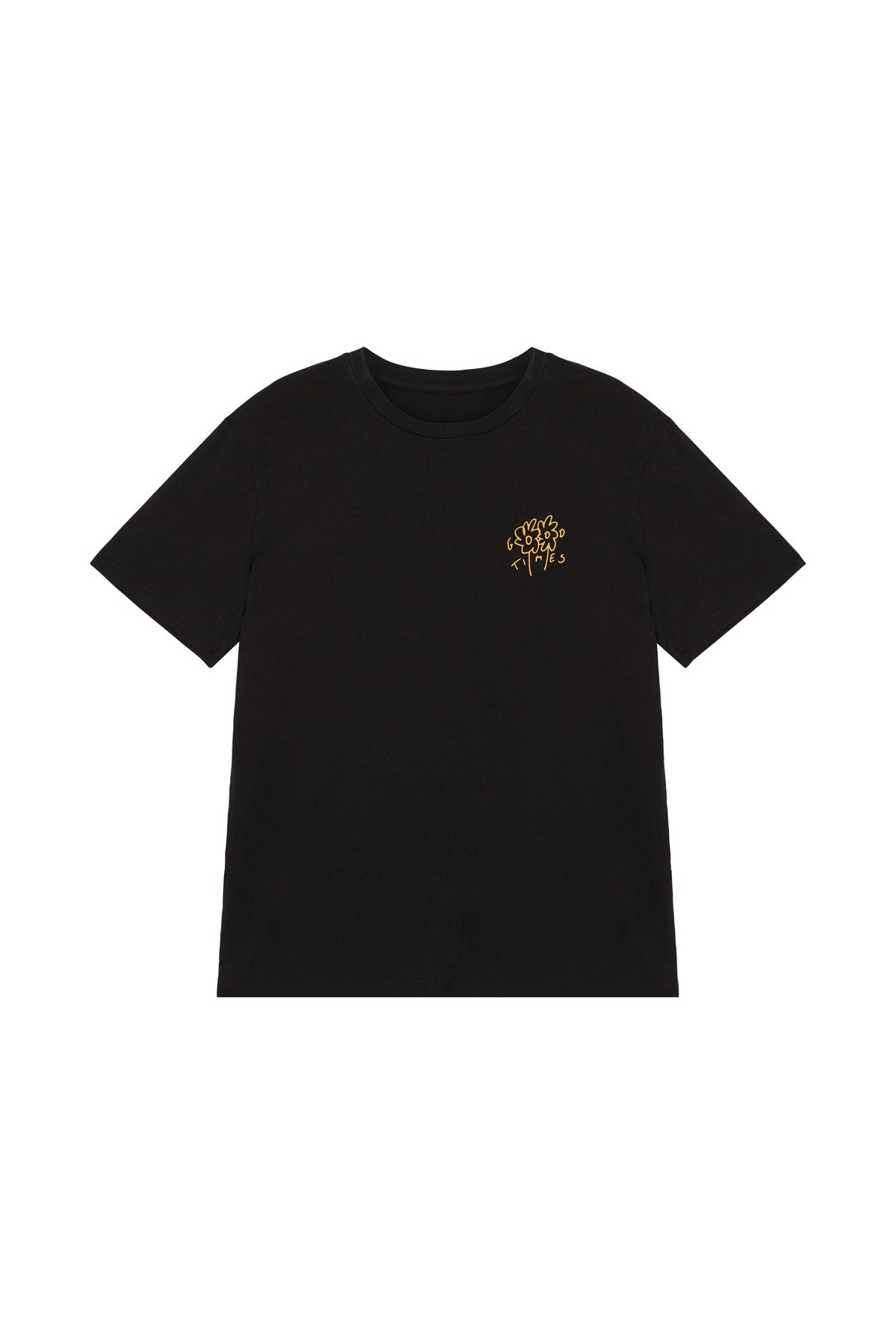 Front of organic cotton black unisex t-shirt featuring orange chest print, screen printed by hand with water based inks