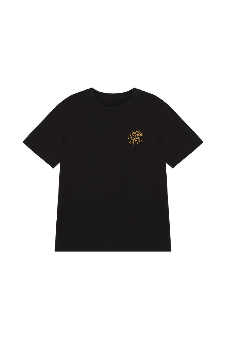 Front of organic cotton black unisex t-shirt featuring orange chest print, screen printed by hand with water based inks