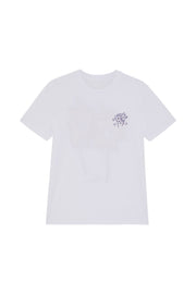 Front of white unisex organic cotton t-shirt printed with a flower graphic featuring the words Good Times