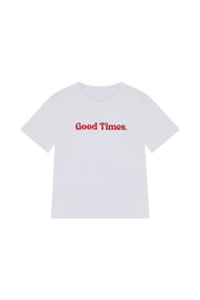 Women's boxy fit organic cotton t-shirt in white with bright red Good Times slogan across the front