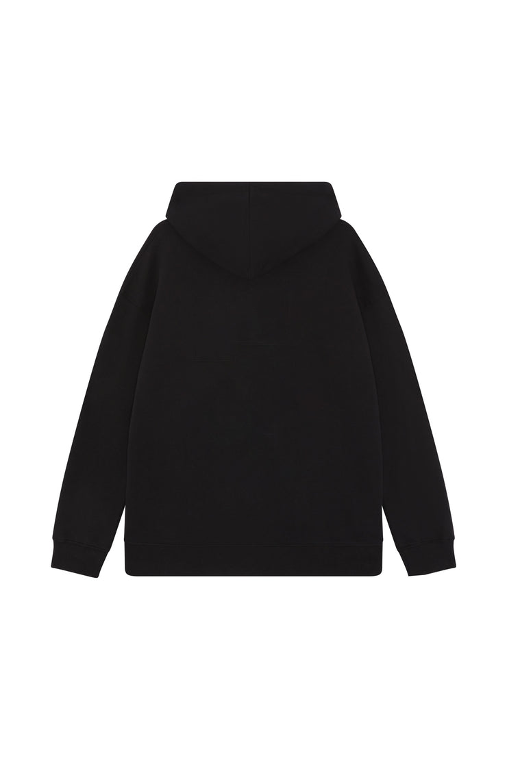 Back of a black organic cotton hoodie in a relaxed fit and brushed fleece lining