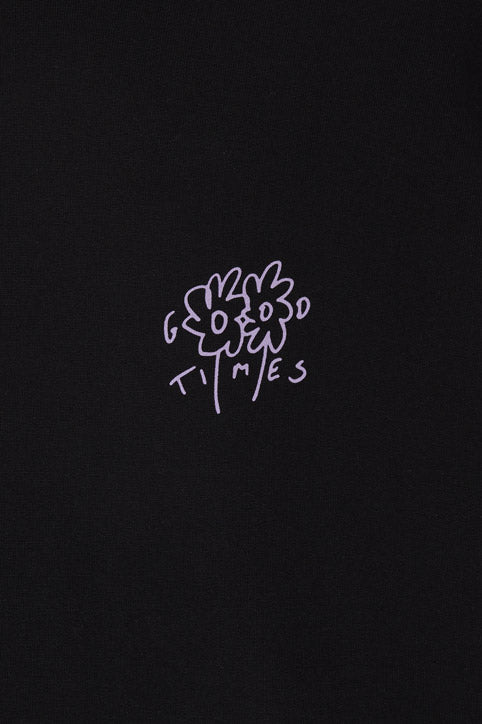 Detail of screen printed purple flower design featuring text slogan of Good Times