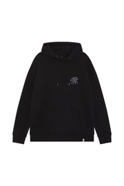 Front of a black unisex organic cotton hoodie in a drop shoulder fit, with a purple flower graphic printed on the front, drawstring and ribbed hem and cuffs.