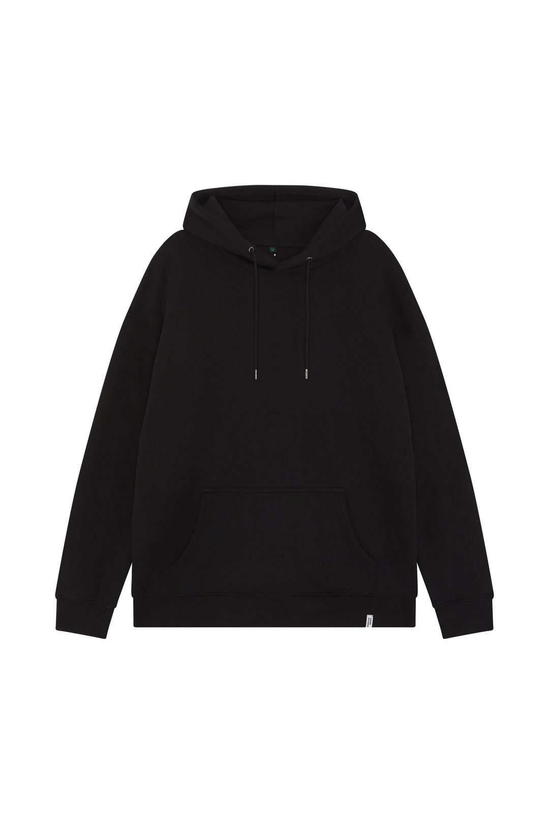Front of unisex black organic cotton hoodie in a relaxed drop shoulder fit