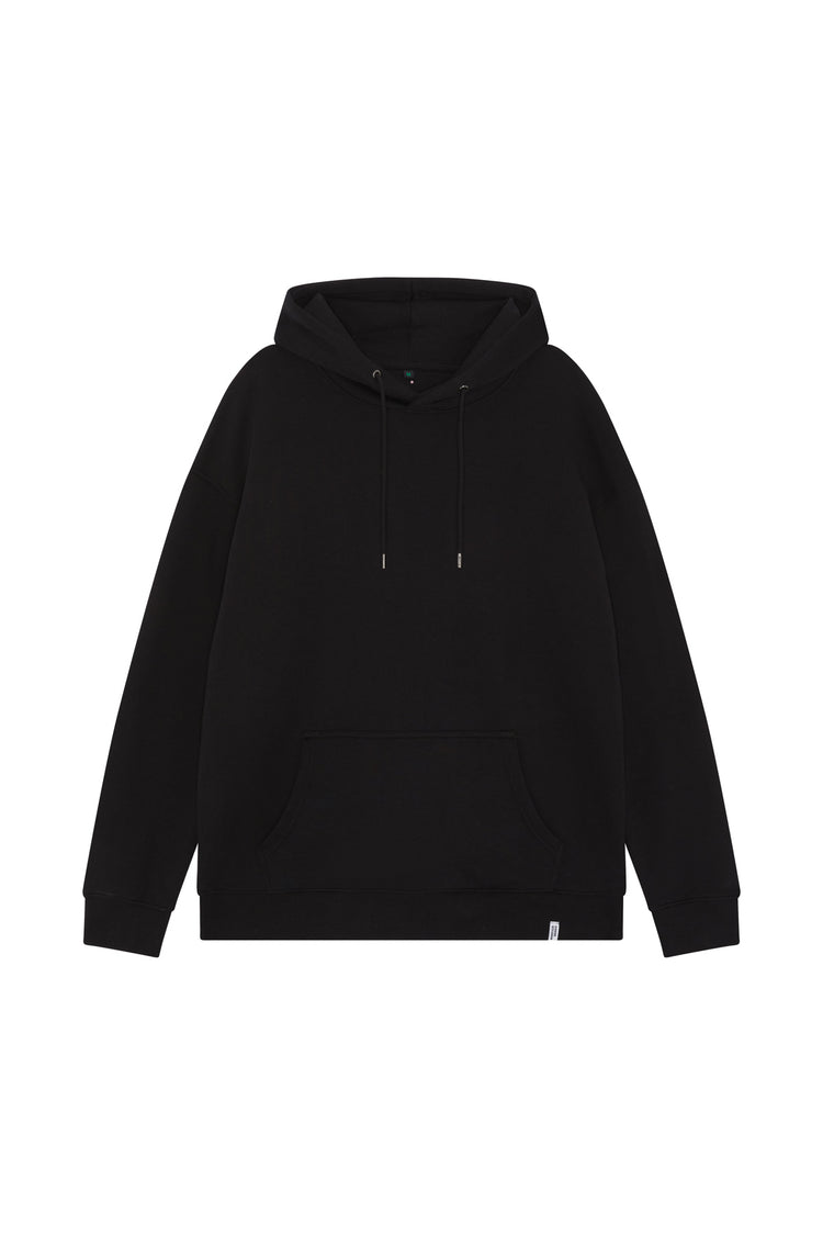 Front of unisex black organic cotton hoodie in a relaxed drop shoulder fit