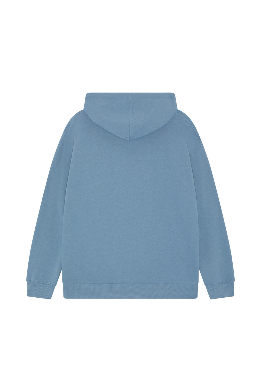 Back of blue organic cotton hoodie in a relaxed unisex fit