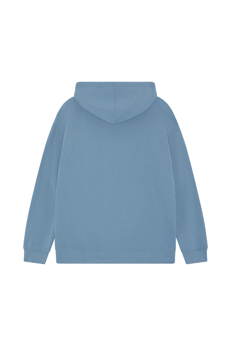 Back of blue organic cotton hoodie in a relaxed unisex fit