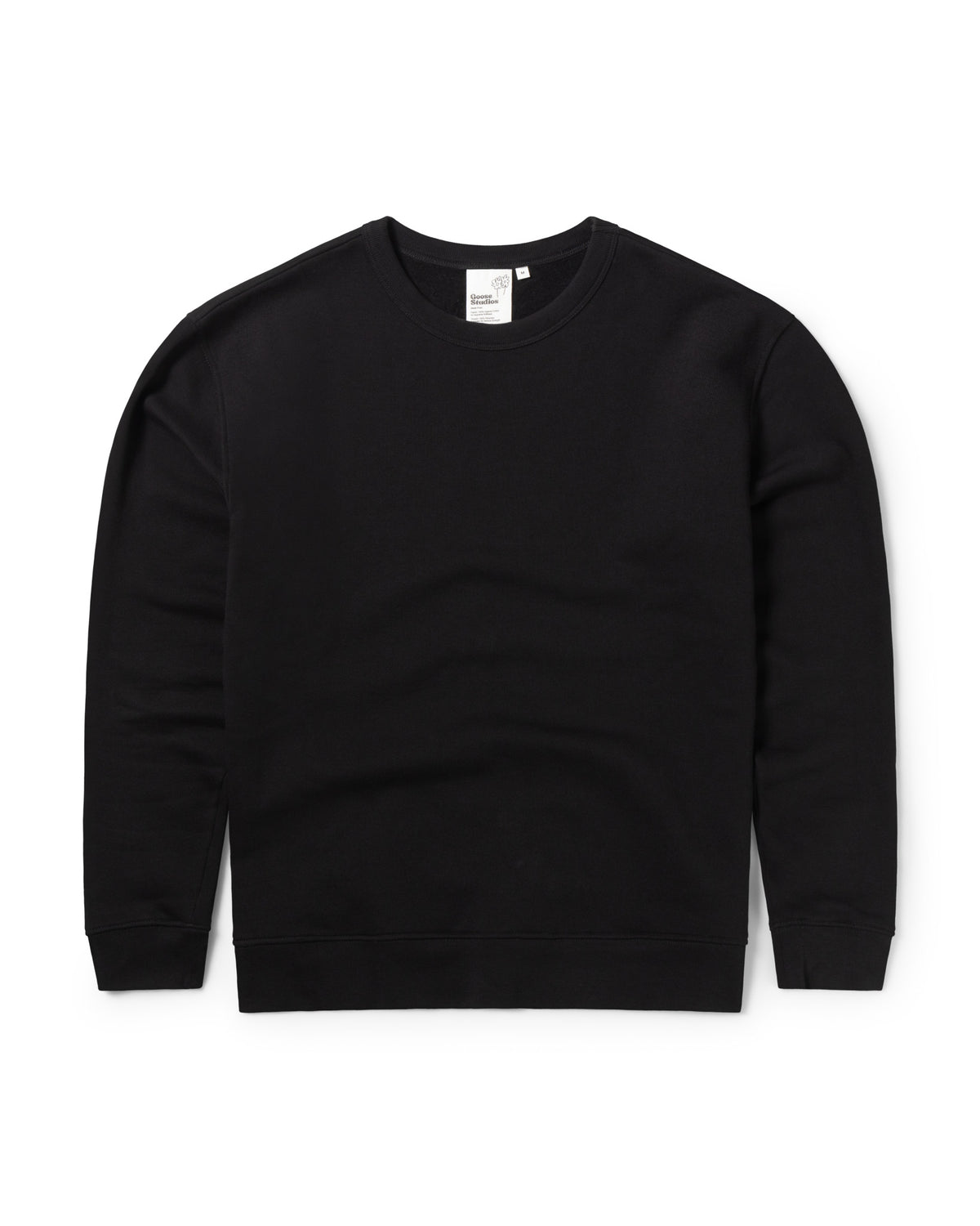 Men's black organic cotton sweatshirt with crew neck and 100% organic cotton ribbed collar, cuffs and hem.