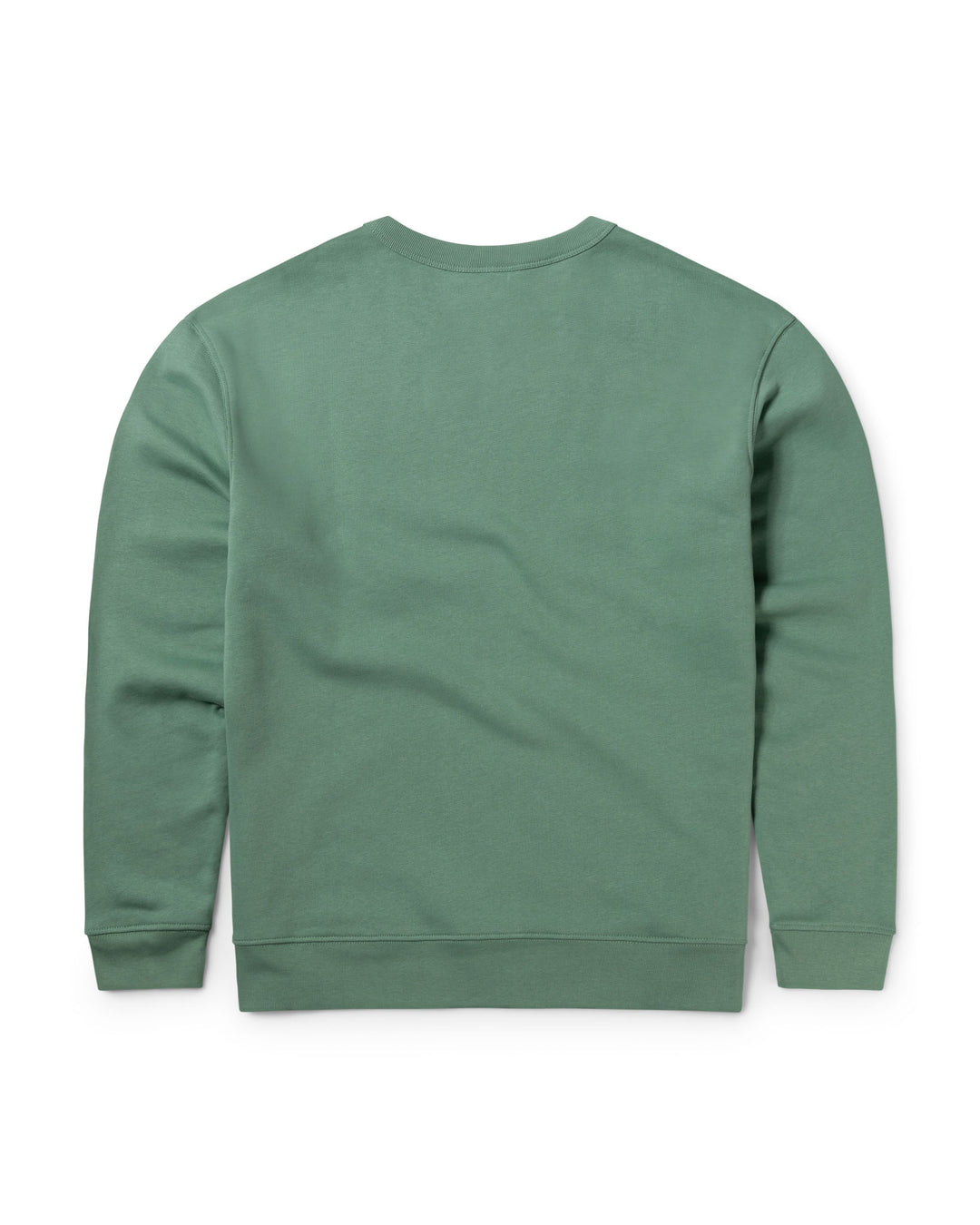 Back of Goose Studios sage green organic cotton sweatshirt for men with 100% organic cotton hem, ribs and laid on collar