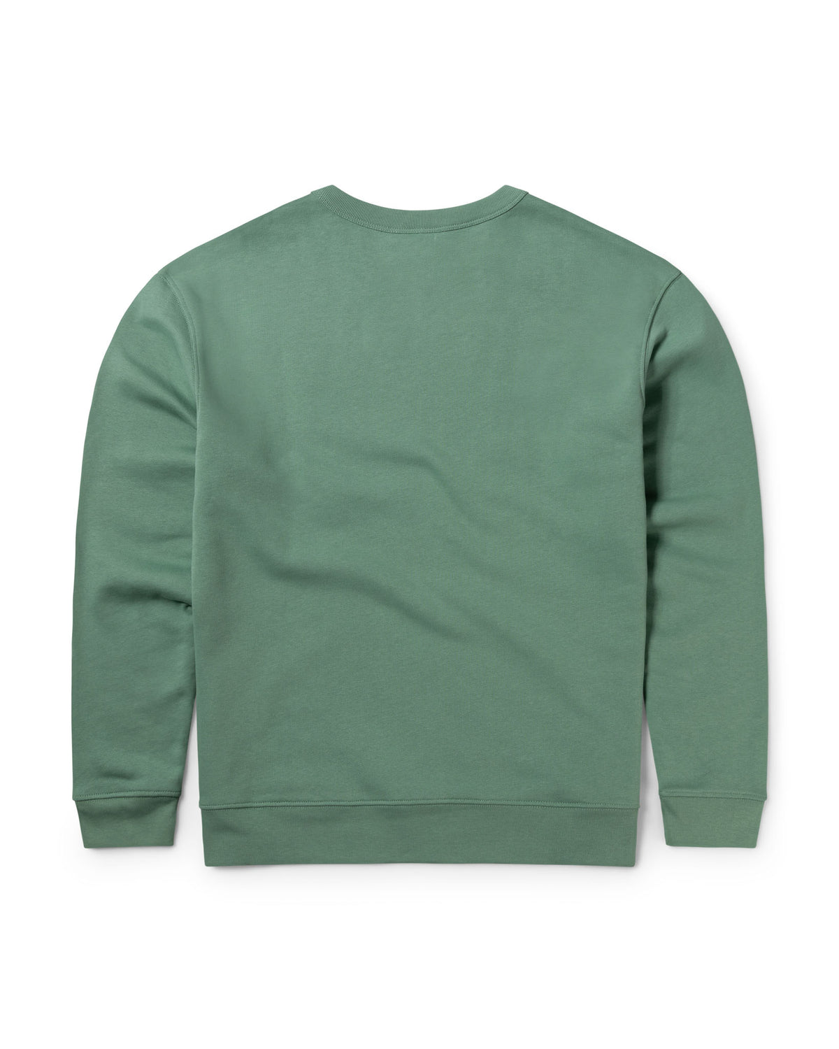 Back of Goose Studios sage green organic cotton sweatshirt for men with 100% organic cotton hem, ribs and laid on collar