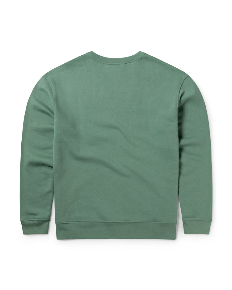 Back of Goose Studios sage green organic cotton sweatshirt for men with 100% organic cotton hem, ribs and laid on collar