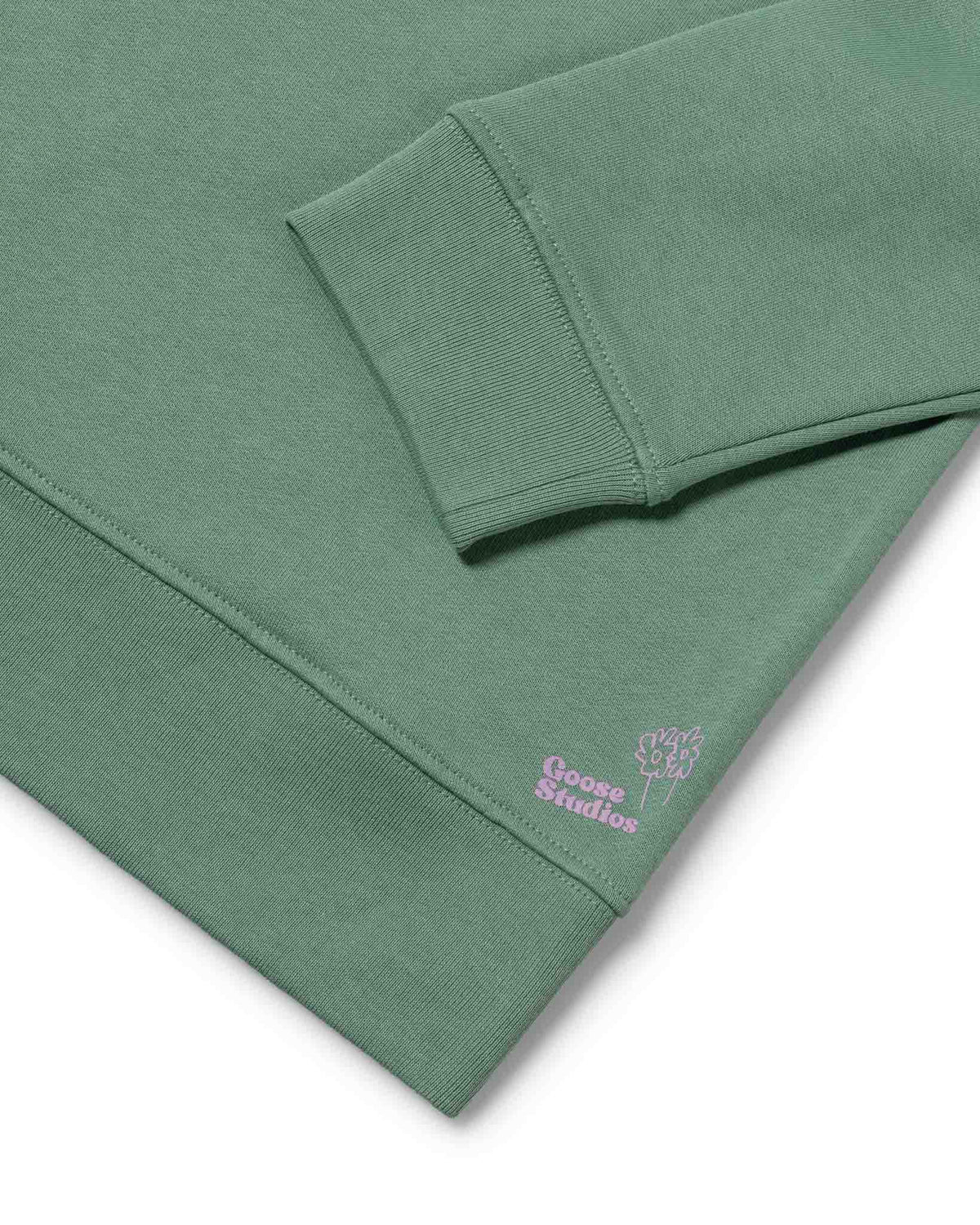 Lilac logo edition logo shown on a Goose Studios premium organic cotton sweatshirt for men in sage green