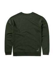 Back of an olive green organic cotton sweatshirt in a flat lay image, showing the twin needle stitching along the shoulder seams for durability and the organic cotton rib along the bottom hem and cuffs