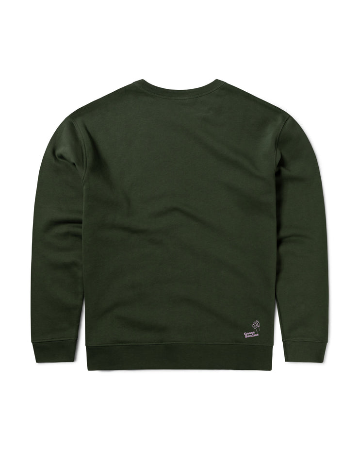 Back of an olive green organic cotton sweatshirt in a flat lay image, showing the twin needle stitching along the shoulder seams for durability and the organic cotton rib along the bottom hem and cuffs