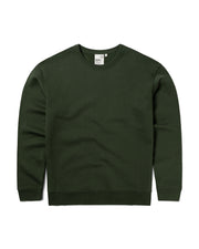 Front of an olive green organic cotton sweatshirt shown as a flat lay image