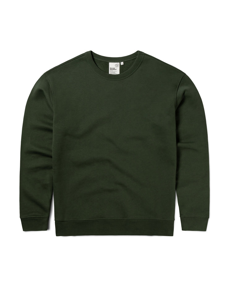 Front of an olive green organic cotton sweatshirt shown as a flat lay image