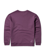 Back of mens purple organic cotton sweatshirt showing twin needle stitching for durability along shoulder seams