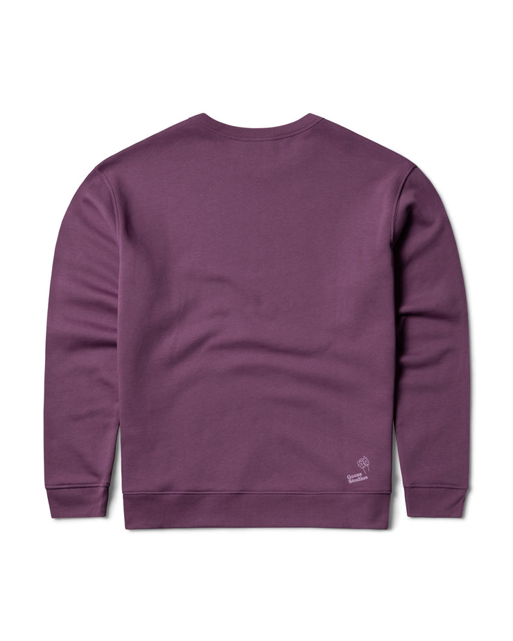 Back of mens purple organic cotton sweatshirt showing twin needle stitching for durability along shoulder seams