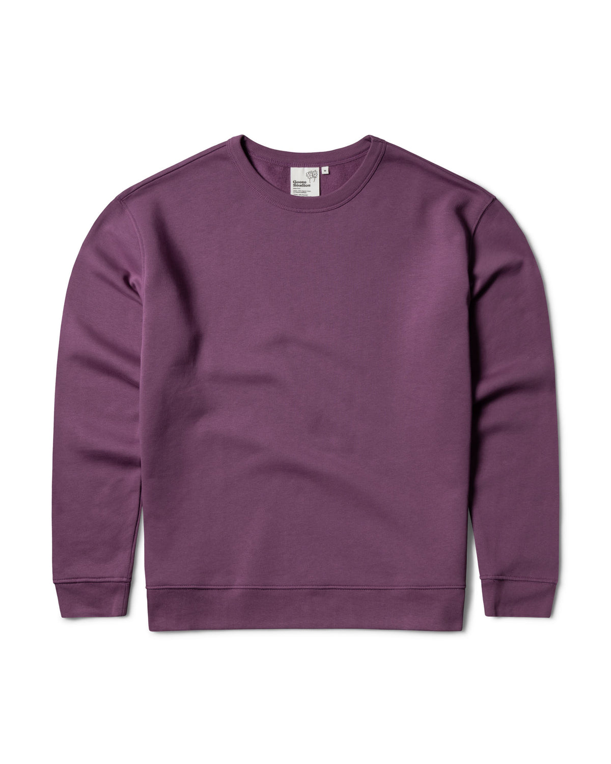 Front flat lay of an organic cotton purple men's sweatshirt showing organic cotton rib cuffs and bottom hem