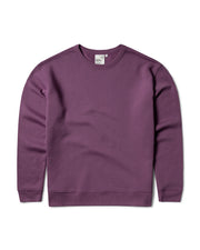 Front flat lay of an organic cotton purple men's sweatshirt showing organic cotton rib cuffs and bottom hem