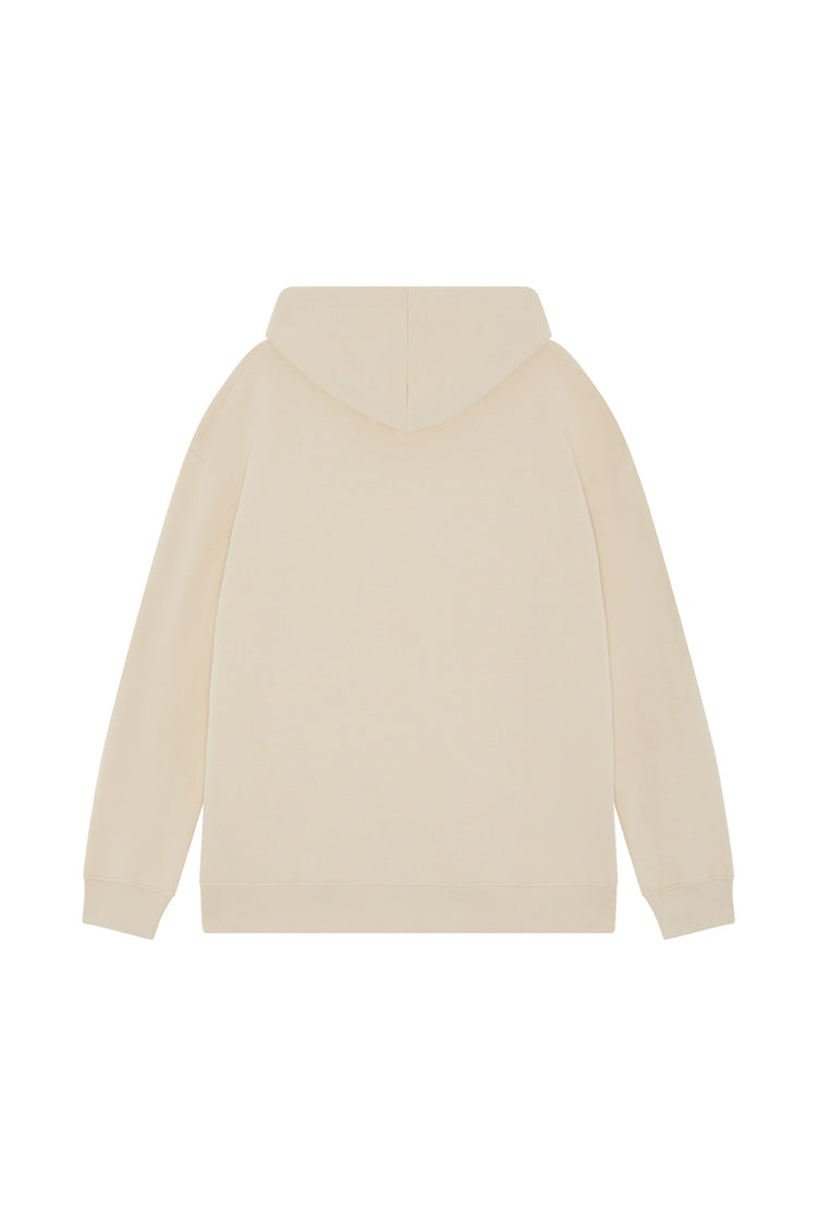 Back of a stone unisex hoodie made from organic cotton and ethically sourced, in a drop-shoulder fit