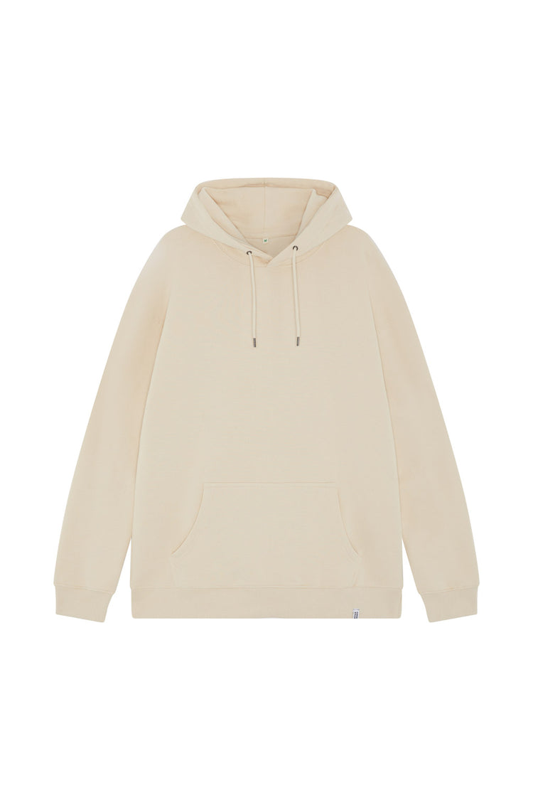 Front of stone unisex hoodie in a drop shoulder fit made from 100% organic cotton