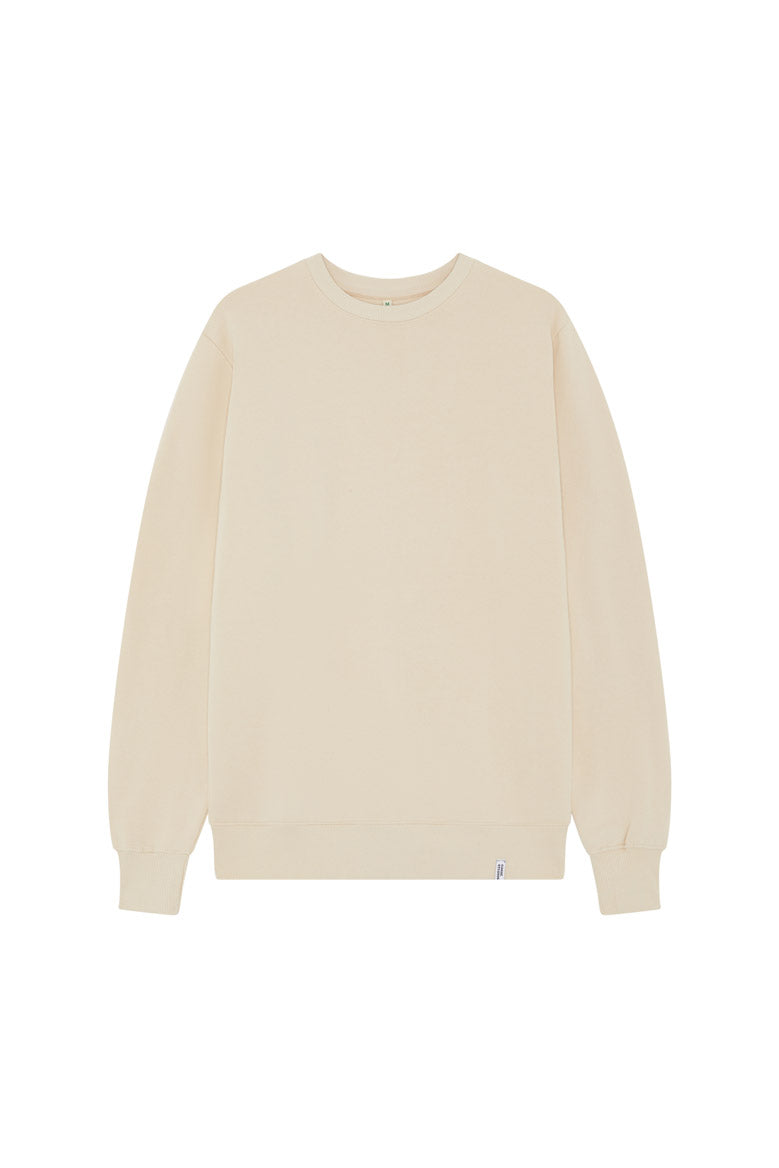 Front of men's stone organic cotton sweatshirt with ribbed cuffs and hem front sustainable clothing brand Goose Studios