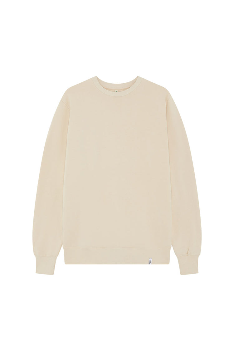 Front of men's stone organic cotton sweatshirt with ribbed cuffs and hem front sustainable clothing brand Goose Studios