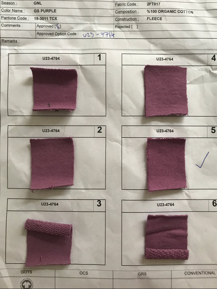 Fabric swatches with labels on a Kadeks lab dip trial sheet.