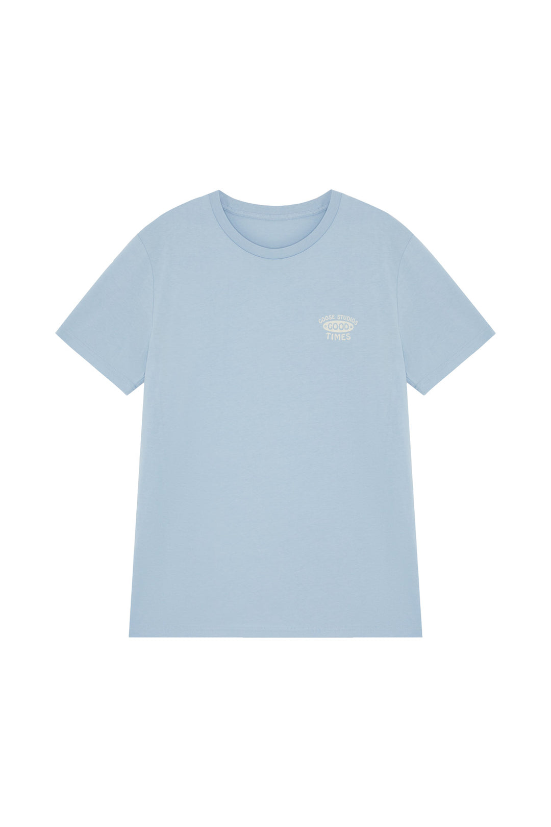 Front of unisex sky blue organic cotton t-shirt with a surf inspired screen printed graphic