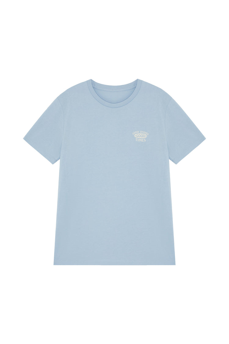 Front of unisex sky blue organic cotton t-shirt with a surf inspired screen printed graphic