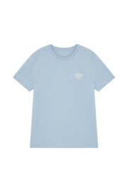 Front of unisex sky blue organic cotton t-shirt with a surf inspired screen printed graphic