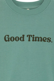 Close-up of Good Times screen printed text, printed by hand using environmentally friendly water based inks.