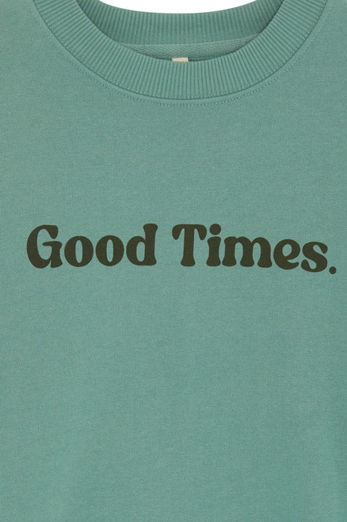 Close-up of Good Times screen printed text, printed by hand using environmentally friendly water based inks.